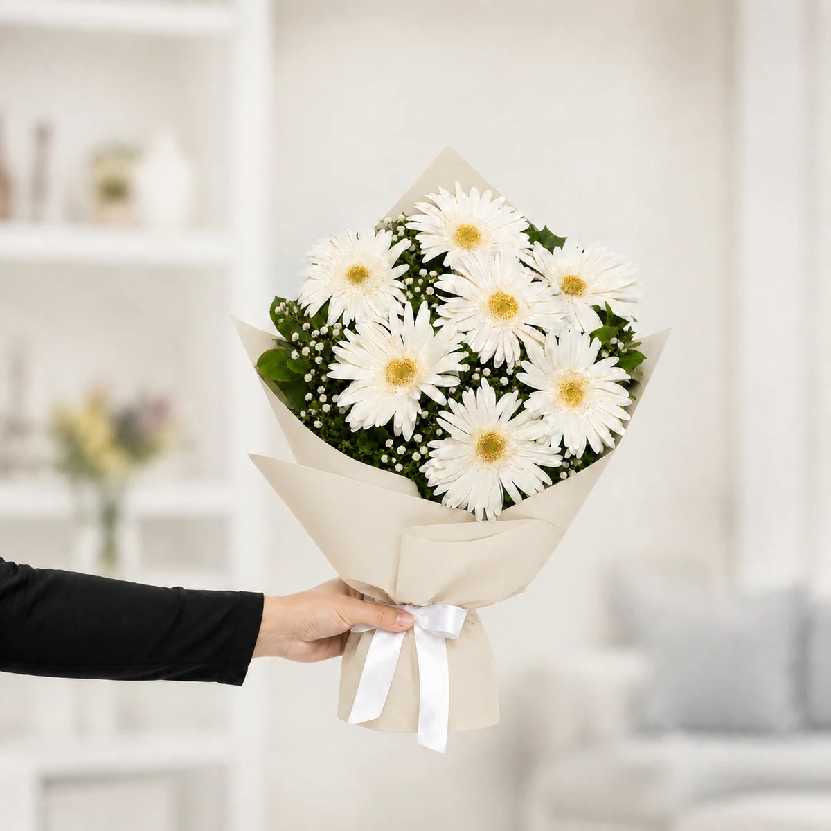 7 Beyaz Gerbera Buketi - Kırık Beyaz Ambalaj