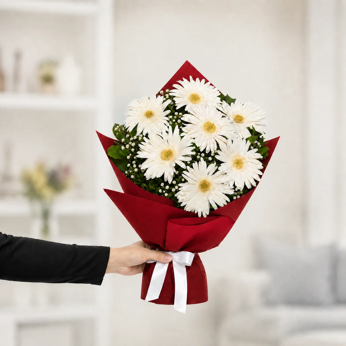 7 Beyaz Gerbera Buketi - Kırmızı Ambalaj