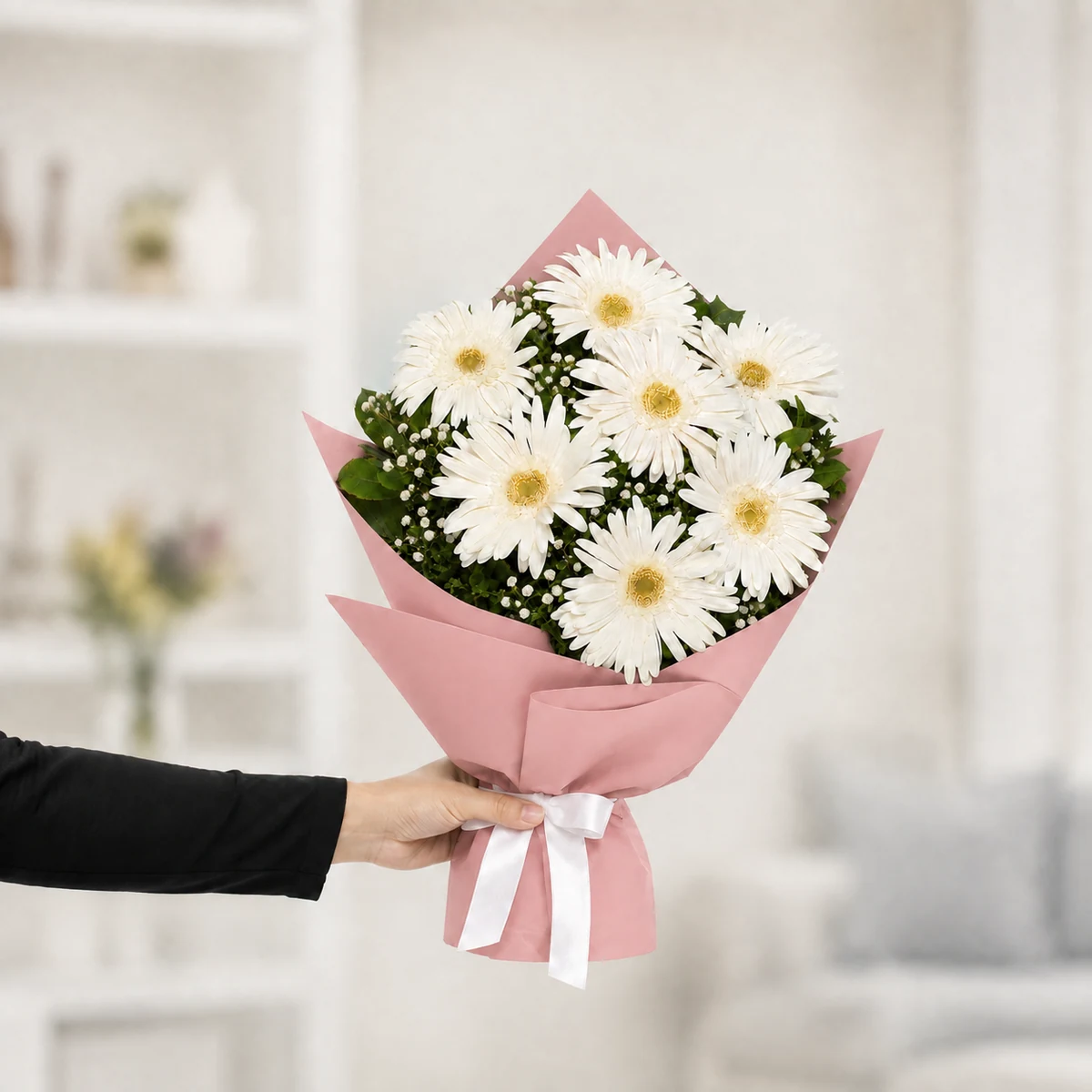 7 Beyaz Gerbera Buketi - Pudra Pembe Ambalaj