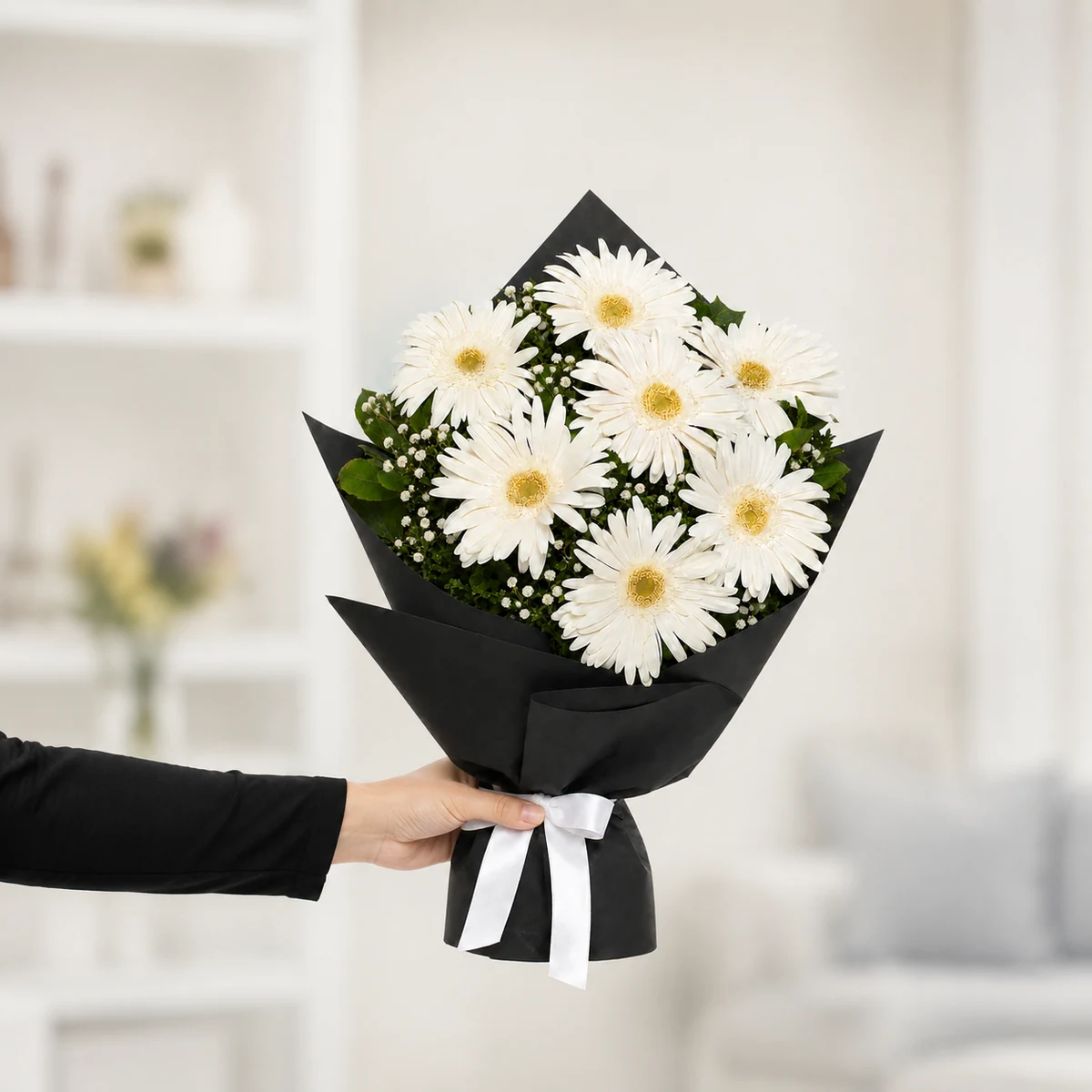 7 Beyaz Gerbera Buketi - Siyah Ambalaj