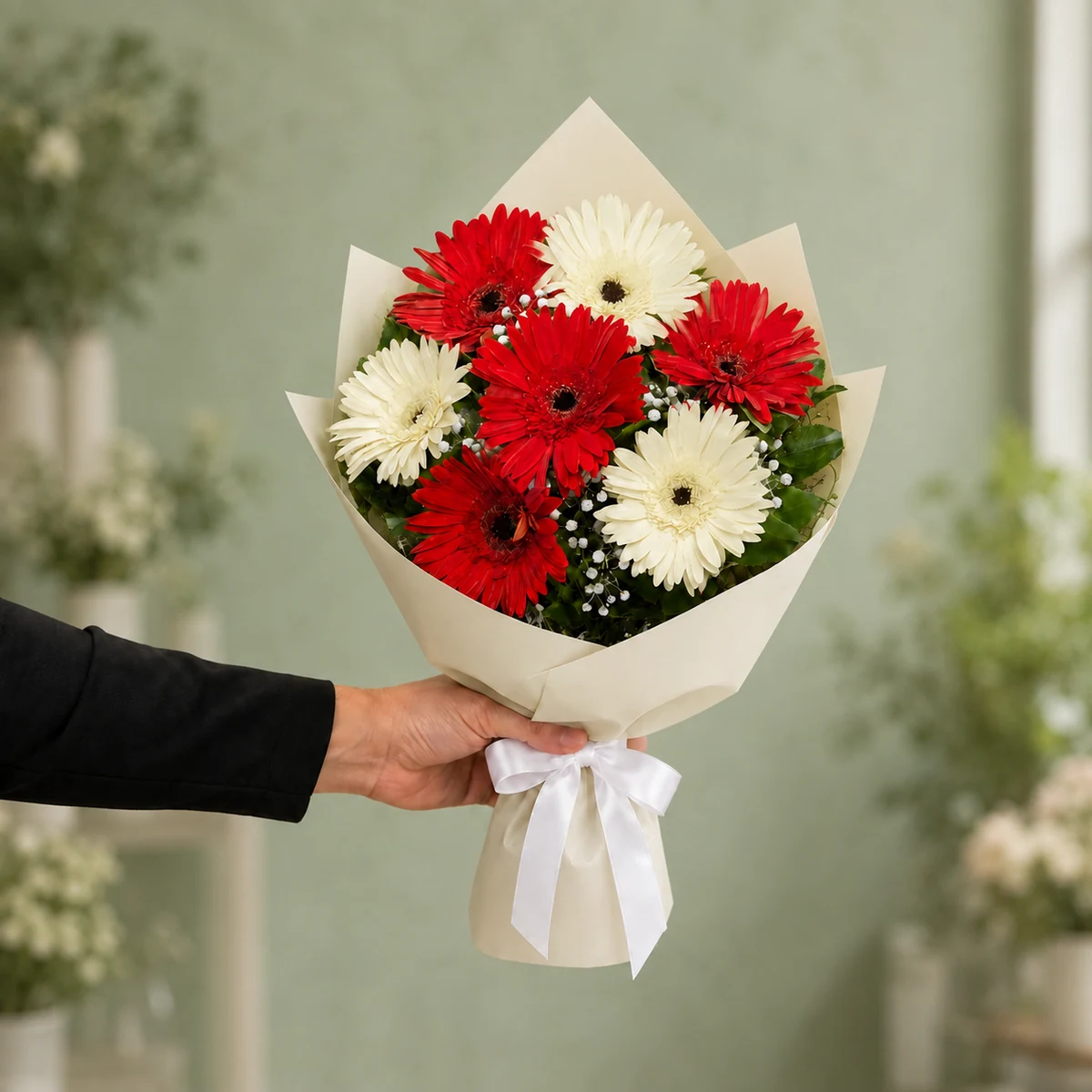 4 Kırmızı ve 3 Beyaz Gerbera Buketi - Kırık Beyaz Ambalaj