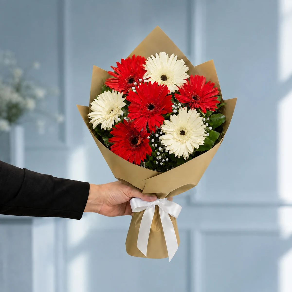 4 Kırmızı ve 3 Beyaz Gerbera Buketi - Şampanya Gold Ambalaj