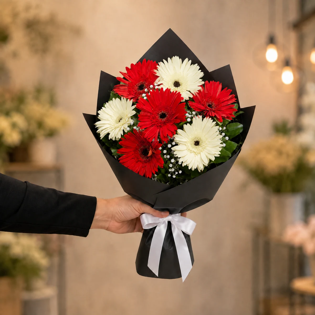 4 Kırmızı ve 3 Beyaz Gerbera Buketi - Siyah Ambalaj