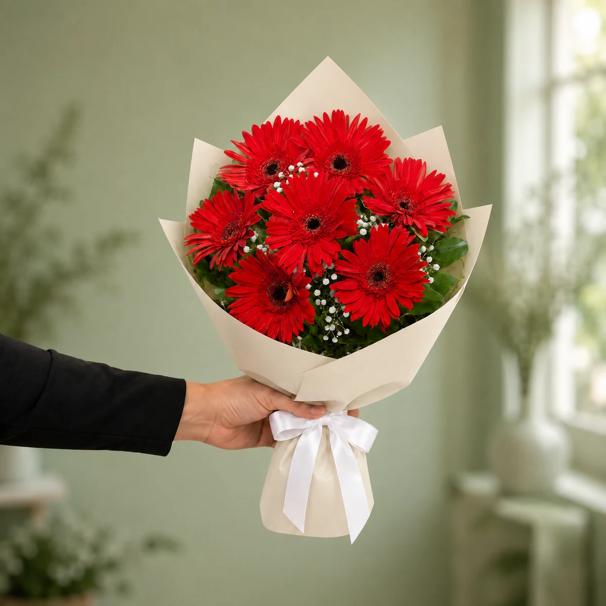 7 Kırmızı Gerbera Buketi - Kırık Beyaz Ambalaj