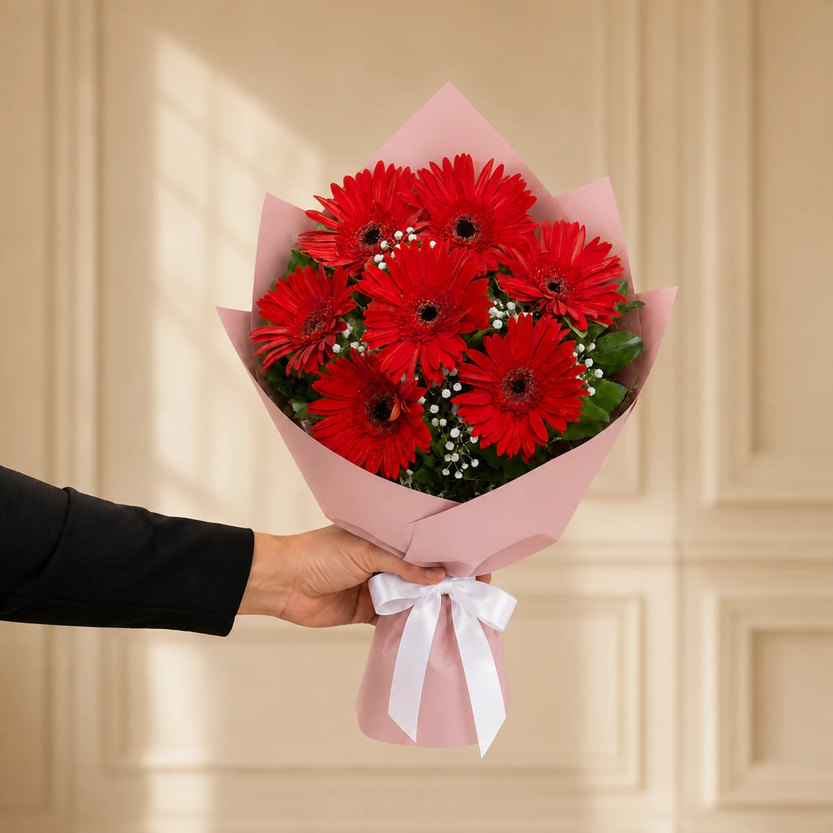 7 Kırmızı Gerbera Buketi - Pudra Pembe Ambalaj