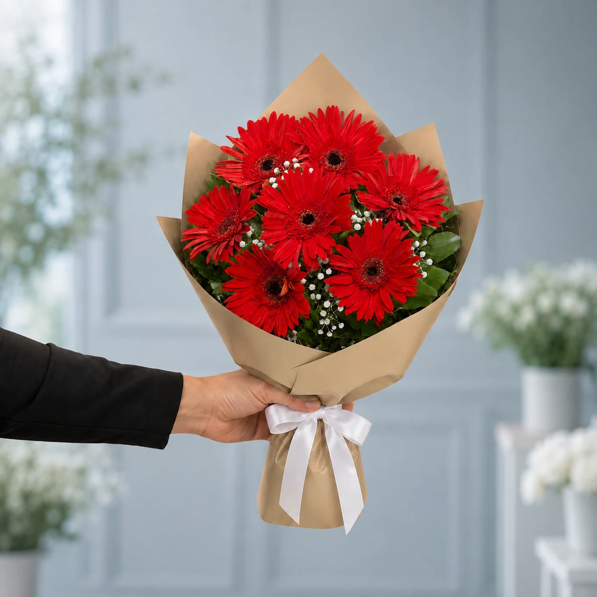 7 Kırmızı Gerbera Buketi - Şampanya Gold Ambalaj