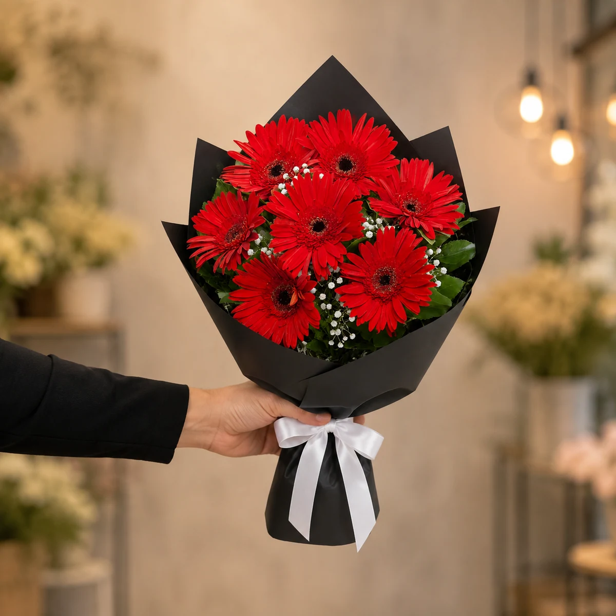 7 Kırmızı Gerbera Buketi - Siyah Ambalaj