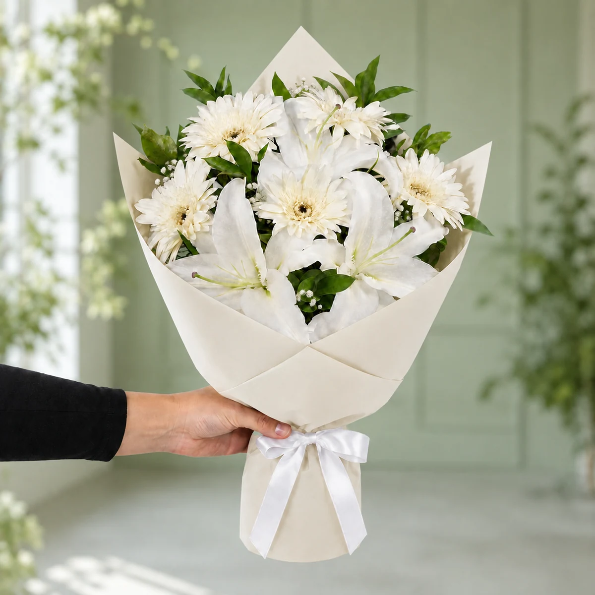2 Dal Beyaz Lilyum ve 5 Beyaz Gerbera Buketi - Kırık Beyaz Ambalaj