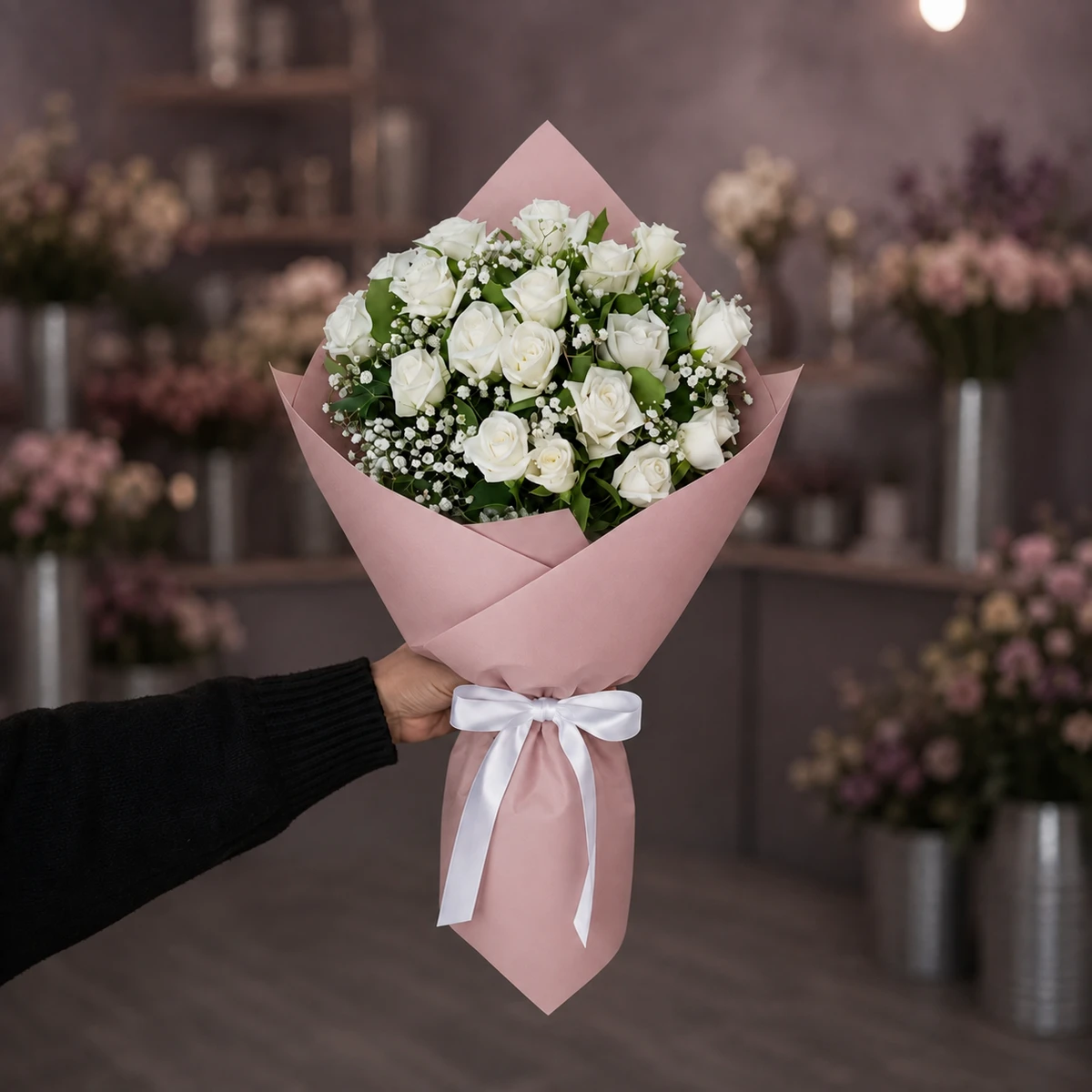19 Beyaz Gül Buketi - Pudra Pembe Ambalaj