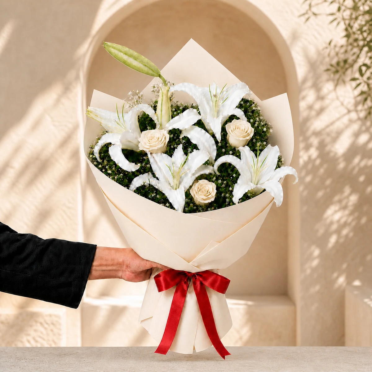 3 Dal Beyaz Lilyum ve 3 Beyaz Gül Buketi - Krem Ambalaj