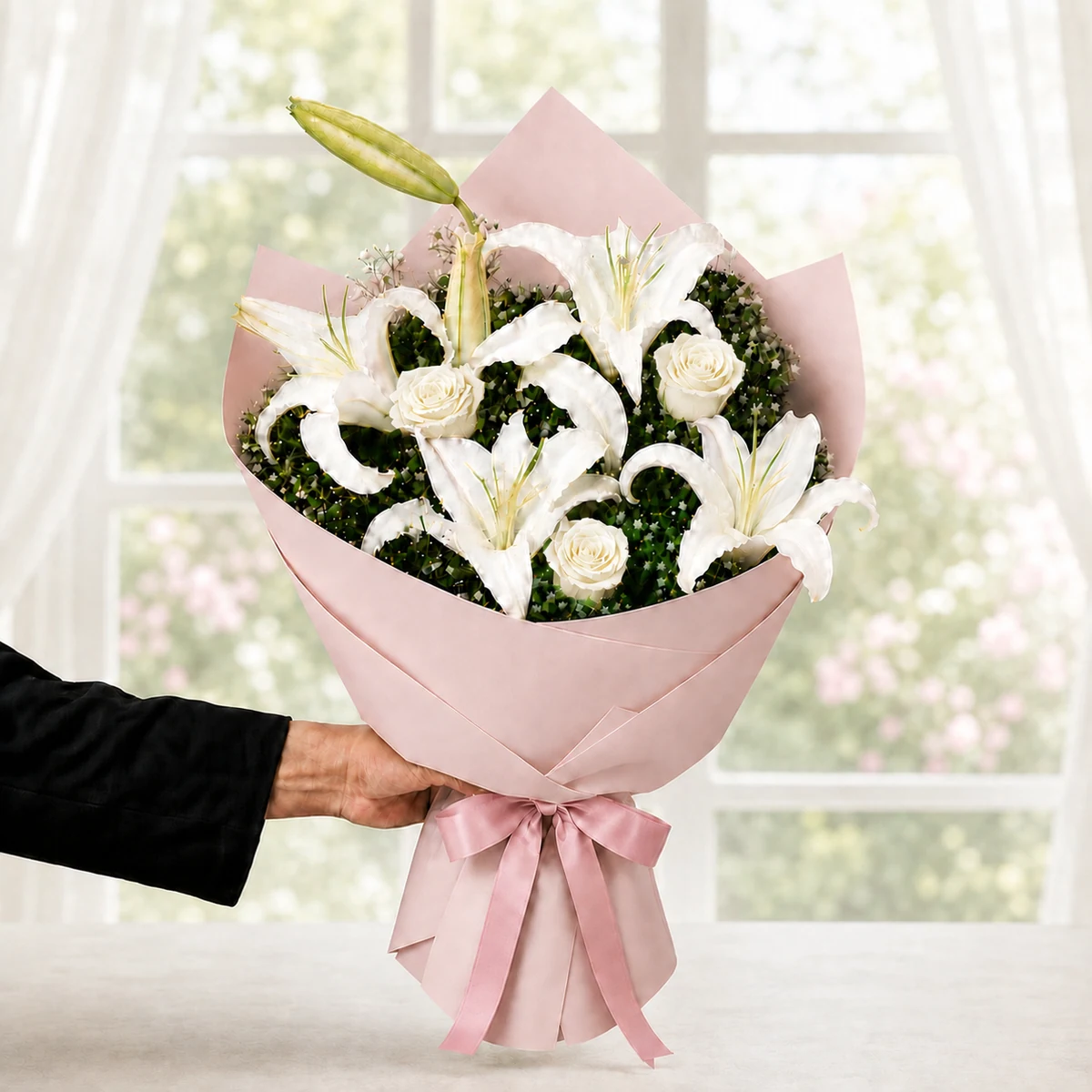 3 Dal Beyaz Lilyum ve 3 Beyaz Gül Buketi - Pudra Pembe Ambalaj