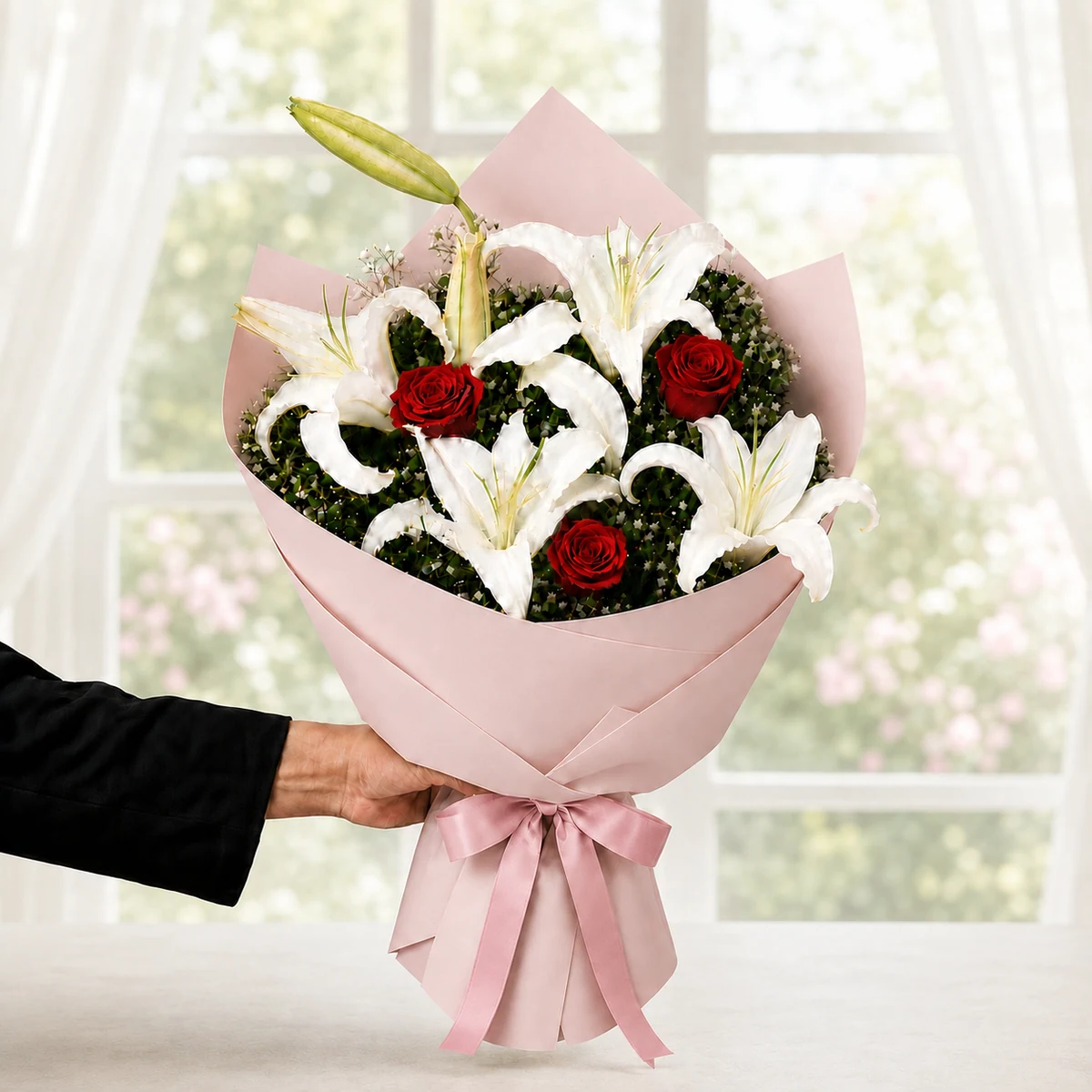 3 Dal Beyaz Lilyum ve 3 Kırmızı Gül Buketi - Pudra Pembe Ambalaj