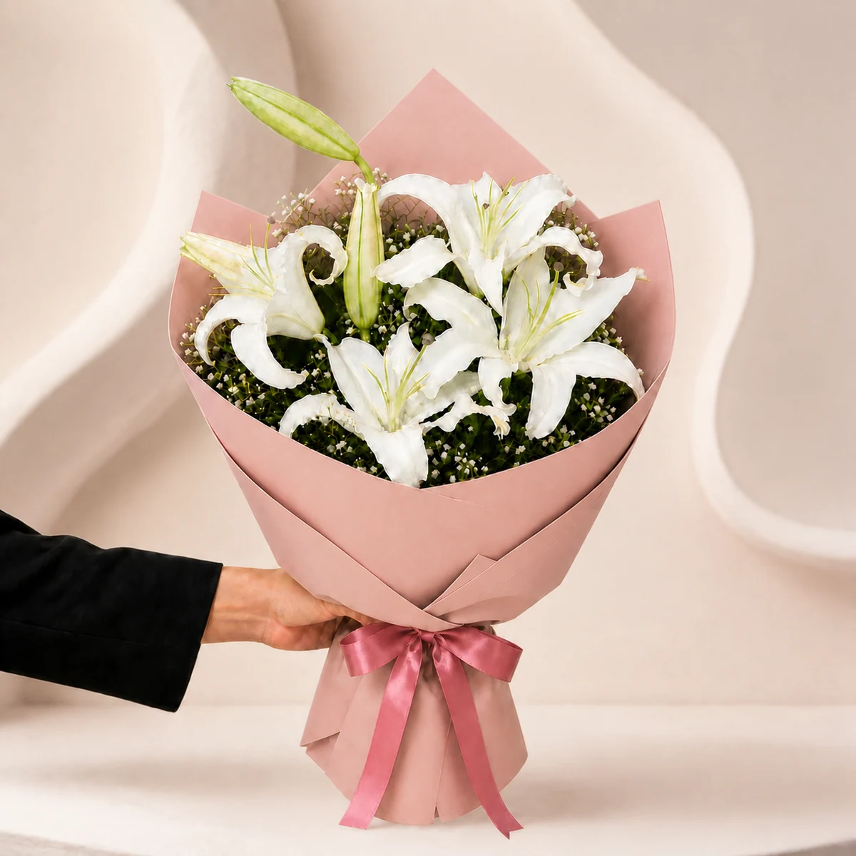 3 Dal Beyaz Lilyum Buketi - Pudra Pembe Ambalaj
