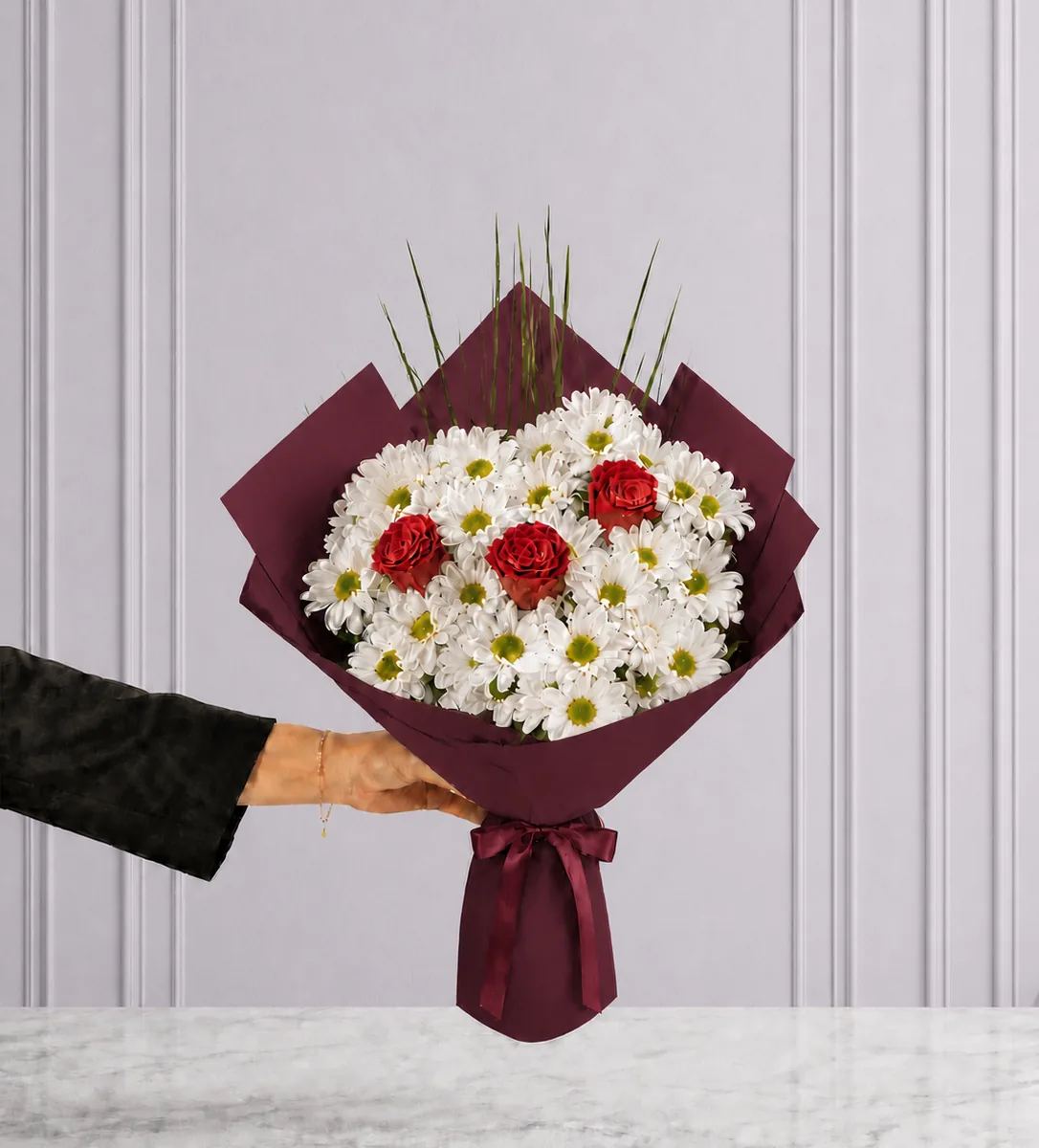 Papatya Gül Buketi - 3 Gül ve Papatya Buketi - Bordo Ambalaj